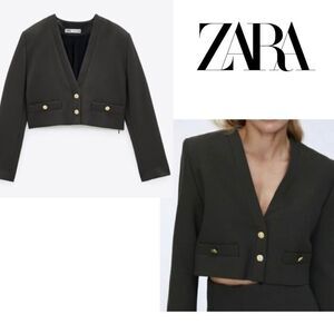 Zara khaki green gray cropped bolero blazer jacket Sz L shoulder pads